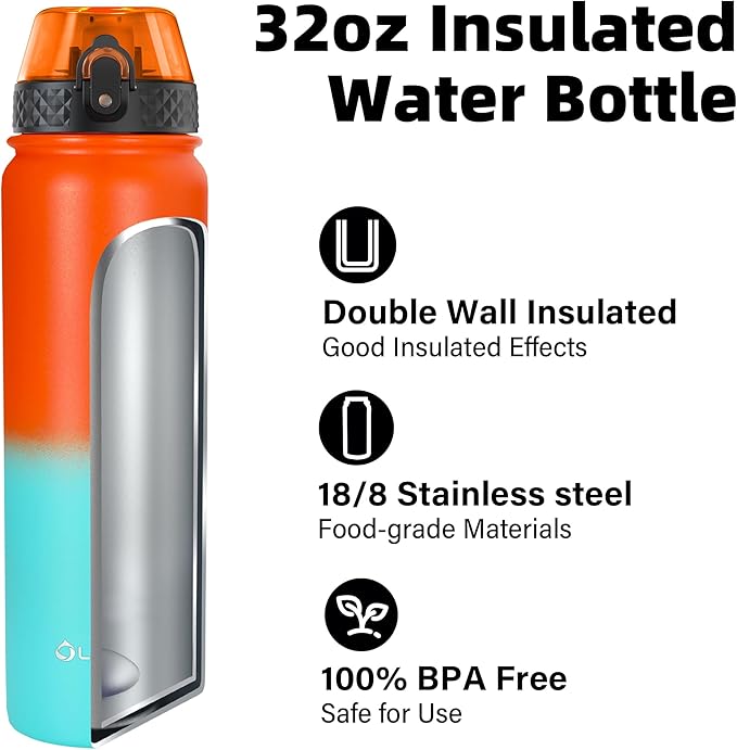 Oldley Insulated Water Bottle 32oz Water Bottles with Straw, Stainless Steel Water Bottle with 3 Lids, Double Wall Vacuum Bottels for Adults School Kids,Leak-Proof Sport Bottles, Ombre Orange-green