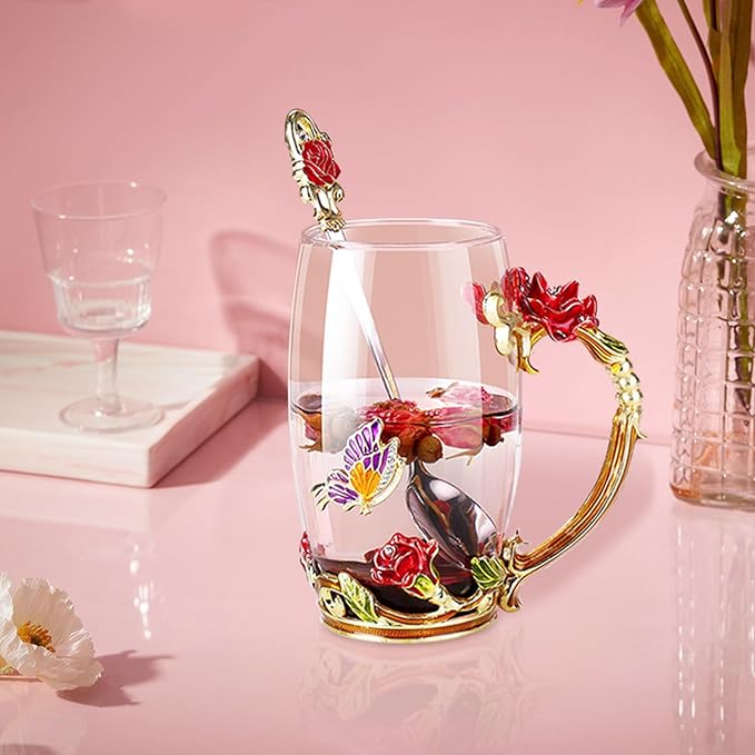 Glass Fancy Tea Cup Set Birthday Christmas Valentine's Day Gift Idea for Tea Lover and Women Novelty Coffee Mugs Rose Flower Enamel Glass Mug with Spoon