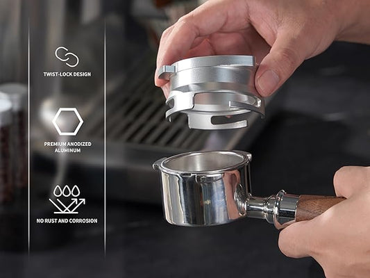 54mm Espresso Dosing Funnel and Puck Screen Set,Hands-Free portafilter funnel with Grinder Trigger.Fits Breville 54mm Portafilters.Reusable 1.7mm Stainless Steel Puck Screen(Silver)