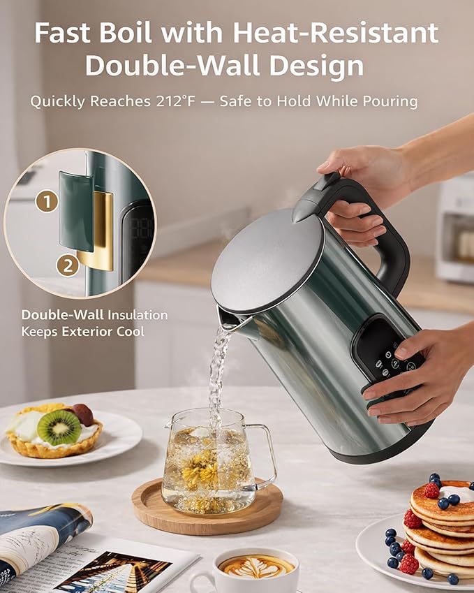 Electric Kettle with Temperature Control, 1.7L Stainless Steel Hot Water Kettle, 5 Presets for Tea & Coffee, 2H Keep Warm, Fast Boil, Auto Shut-Off & Boil-Dry Protection, Cordless Tea Kettle, Green