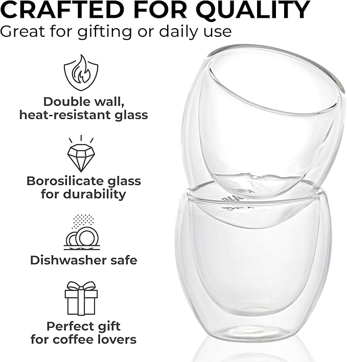 Kaffe Double Wall Insulated Glass Coffee Cups (2 x 3oz) - Small Clear Espresso Shot Glasses - Heat Resistant Insulated Borosilicate Glass Mugs for Warm Beverages, Capuccinos, Teas, Lattes