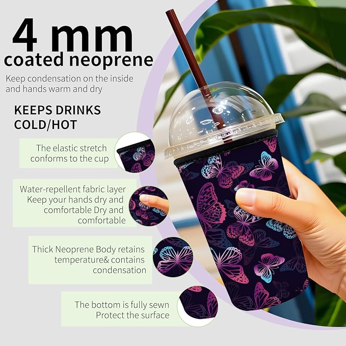 Reusable Neoprene Insulator Sleeve for Iced Coffee Cups, Medium 22-28oz Durable Drink Sleeve for Cold Beverages, Cute Beverage Holder Cup Sleeve for Women Men Cute Purple Butterfly