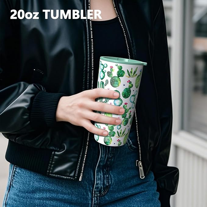TILUCK 20 oz Tumbler with Lid, Vacuum Insulated Stainless Steel Coffee Mug, Double-Walled Travel Tumbler for Hot and Cold Drinks(Cactus, 20oz)