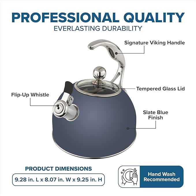 Viking 3-Ply Stainless Steel Tea Kettle, 2.6 Quart Stovetop Hot Water Pot with Tempered Glass Lid, Ergonomic Handle, Induction Ready, Slate and Blue