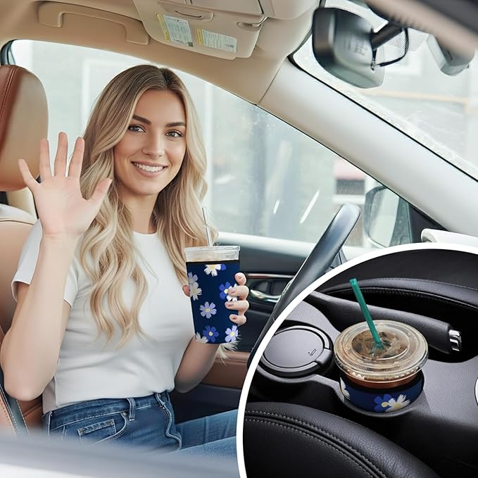 Iced Coffee Sleeve Reusable Cup Sleeves for Cold Drinks Neoprene Koozie Cozy Plastic Cup Covers for Drinks, Blue White Floral