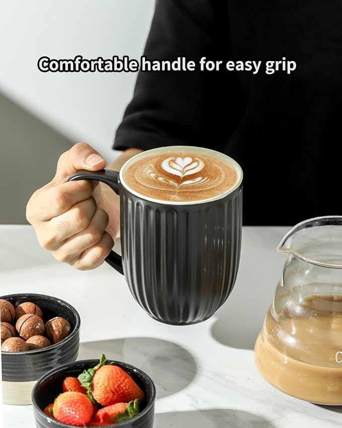 HASENSE Coffee Mugs Set of 6, 16 Oz Large Ceramic Ribbed Latte Cups with Big Handle for Coffee, Tea and Cocoa, Modern Design & Light Weight, Microwave & Dishwasher Safe, Black