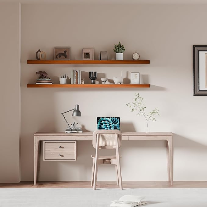 60 inch Long Floating Shelves for Wall,Solid Wood Long Shelves Set of 2,Orange Rustic Wall Mounted Shelves with Heavy Duty Brackets (Orange, 60 Inch)