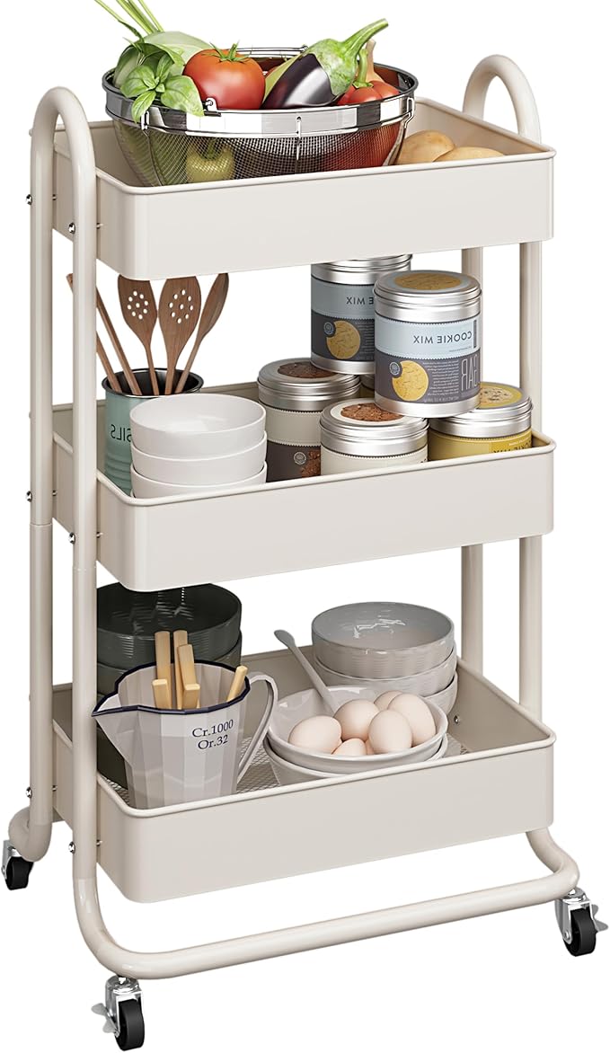 MIOCASA 3-Tier Metal Utility Rolling Cart, Heavy Duty Multifunction Cart with Lockable Casters, Easy to Assemble, Suitable for Office, Bathroom, Kitchen, Garden
