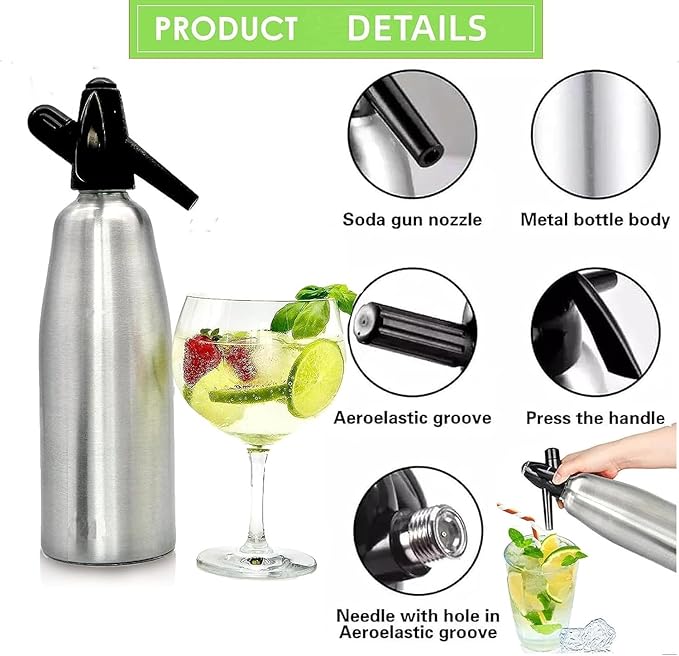 Soda Siphon 1L Premium Sparkling Water Maker - Aluminum Portable Seltzer Machine for Home, Bar, Cocktails, Coffee, Tea,Uses 8g C02 cartridges (Not Included)