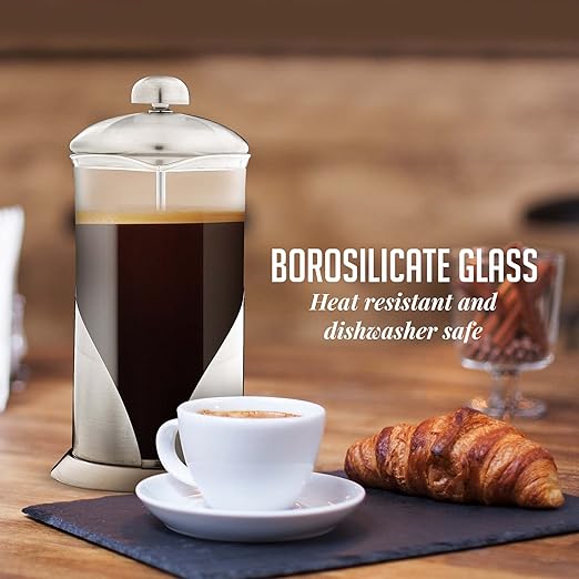 OVENTE French Press Coffee Maker 20 Ounce with Heat Resistant Borosilicate Glass, Stainless Steel Design and 4-Level Filter System, Portable Cold Brewer Pot for Travel, Camping or Gift, Silver FSL20S