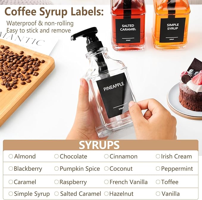 3 Pack 16.9oz (500ml) Glass Coffee Syrup Dispenser with Pump, Syrup Pump Dispenser for Coffee Bar, Coffee Syrup Bottles with Labels