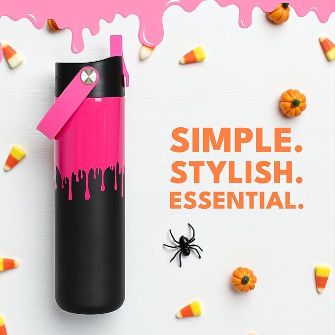 Elemental 24oz Insulated Water Bottle with Straw - 100% Leak-Proof Stainless Steel Core Water Bottles for Travel, Sports and Gym - Double Wall Insulation & BPA Free - Hot Pink Drip