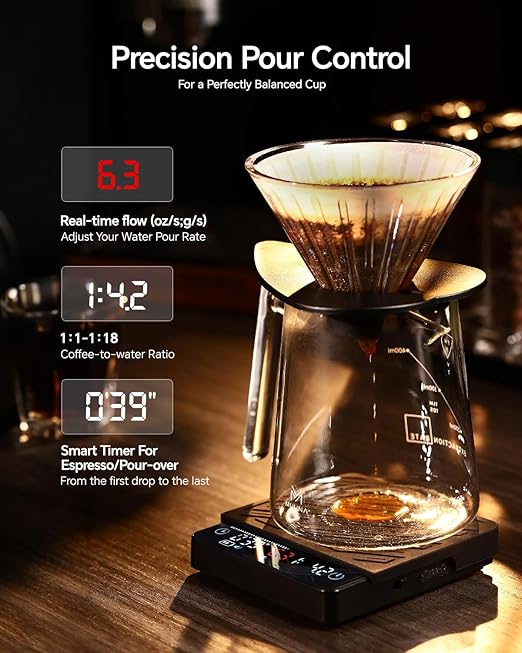 MUVNA Espresso Coffee Scale with Timer & Flow Rate Indicator - 2kg/0.1g Precision Digital Scale with Waterproof Silicone Mat for Pour Over, Coffee Bean Weight, Kitchen, Black