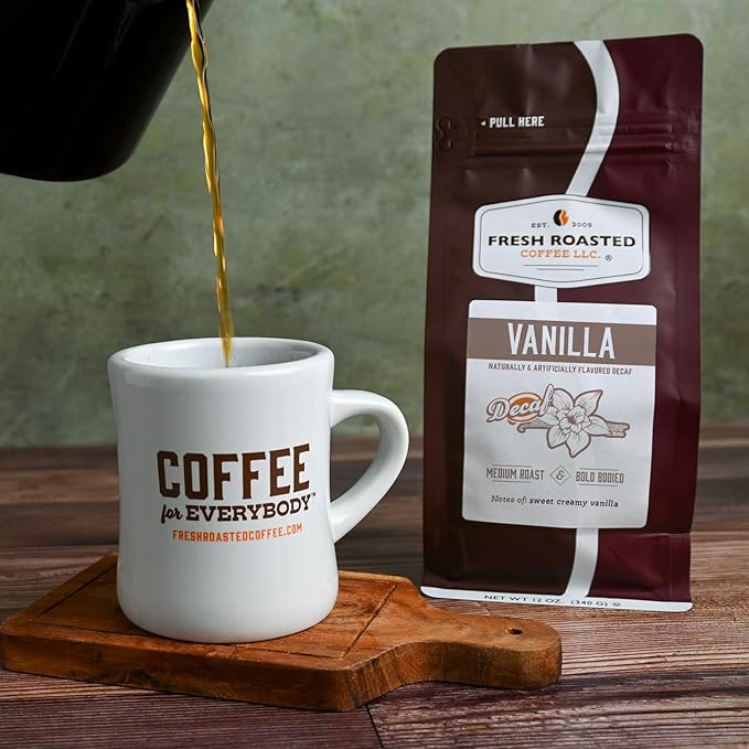 Fresh Roasted Coffee, Decaf French Vanilla Flavored Coffee, 12 oz, Medium Roast, Kosher, Whole Bean