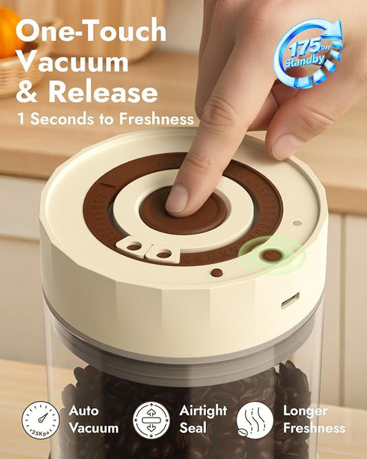 Electric Vacuum Coffee Canister & Food Storage Jar – One-Button Operation Auto Airtight Sealed Coffee Container, 34 fl oz for 0.9 lb Beans