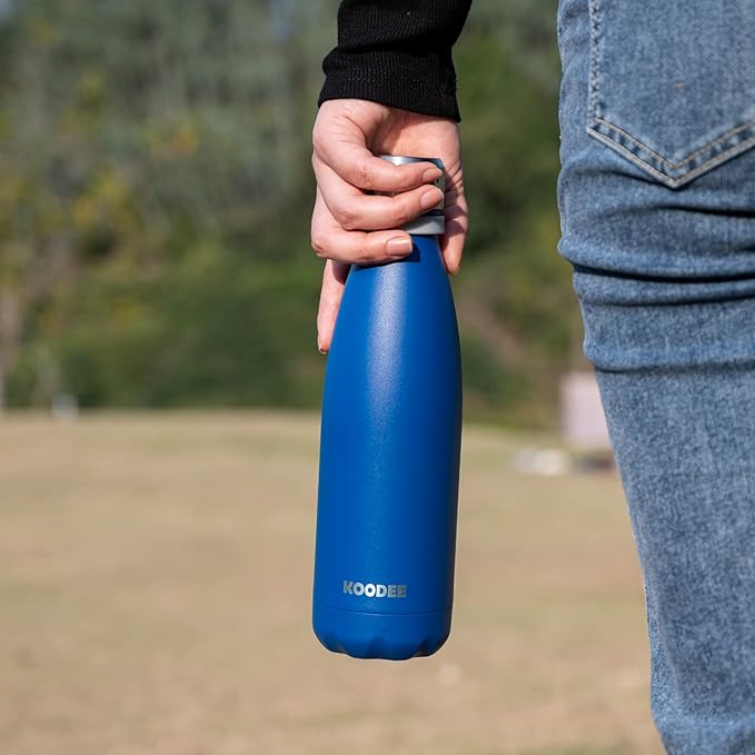 koodee Water Bottle 2 Pack 17 oz Stainless Steel Double Wall Vacuum Insulated Sports Water Bottle with Leak Proof Lid, Cola Shape Travel Flask for Men (2 Pack Navy)