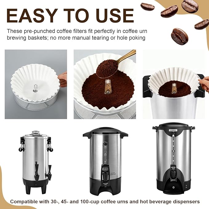 Feifeiya 100 Pcs Pre-punched Holes Coffee Filters for 30cup 45cup 100 Cup Coffee Urn Brewing Basket & Hot Beverage Dispenser Disposable Natural Wood Pulp Paper Filters with Tall-sided Design(White)