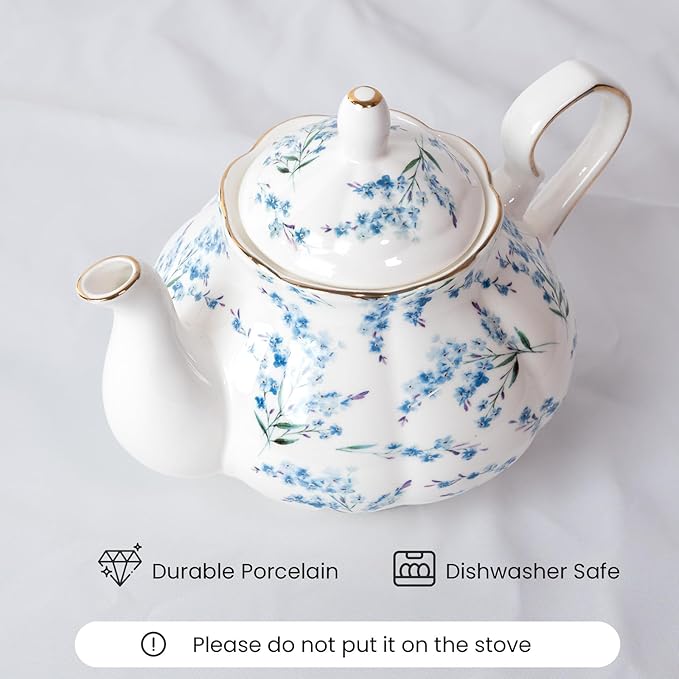 33.8 oz Porcelain Tea Pot Luxury Gold Trim Floral Ceramic Teapot Waterpot Tea Maker for Blooming Loose Leaf Tea Coffee Milk Chrismas Women Gift Housewarming Home Kitchen Décor (Blue Blossom)