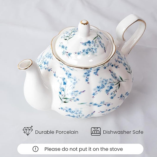 33.8 oz Porcelain Tea Pot Luxury Gold Trim Floral Ceramic Teapot Waterpot Tea Maker for Blooming Loose Leaf Tea Coffee Milk Chrismas Women Gift Housewarming Home Kitchen Décor (Blue Blossom)