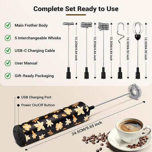 Milk Frother Handheld Rechargeable - 2-Speed Electric Whisk with 5 Detachable Heads (Frother/Mixer/Whisk) for Coffee, Latte, Cappuccino & Matcha, Drink Mixer (Flower 13)