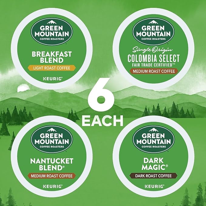 Green Mountain Coffee Variety Pack, K-Cup Pods, 24 Count, Breakfast Blend, Vermont Country Blend, French Roast, Dark Magic