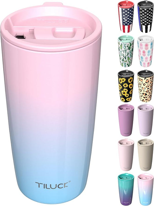 TILUCK 20 oz Tumbler with Lid, Vacuum Insulated Stainless Steel Coffee Mug, Double-Walled Travel Tumbler for Hot and Cold Drinks(PinkBlue, 20oz)