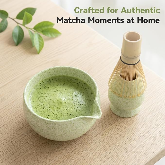 Japanese Matcha Tea Ceremony Set - 7 Piece Complete Matcha Whisk Set with Ceramic Bowl, Bamboo Whisk (Chasen), Sifter & Accessories - Green