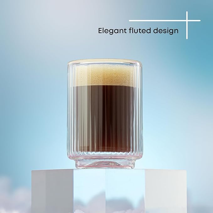 JoyJolt Haven Fluted Stackable Espresso Cups Set of 4, 2.5oz Ribbed Double Wall Glasses, Stacking Insulated Coffee Cup Set, Small Glass Coffee Cups for Espresso Machine Accessories