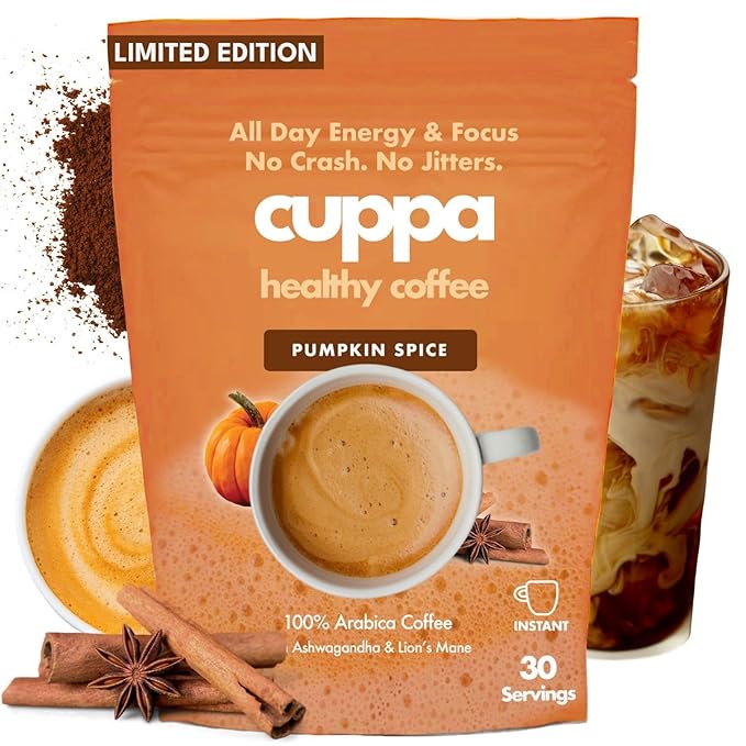 Cuppa Pumpkin Spice Mushroom Coffee with Adaptogens & Superfoods - Lion’s Mane, Ashwagandha & Cordyceps. Adaptogens + MCT to support natural energy, mental focus & gut health (30 Servings)