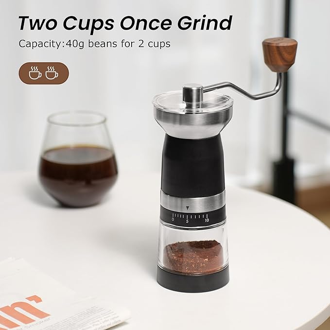 VEVOK CHEF Manual Coffee Grinder 10 External Adjustment Fashion Bean Grinder Stainless Steel Double Bearing Conical Burr Portable Hand Coffee Mill for Home,Camping,Silver
