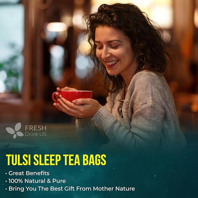 FreshDrinkUS, Tulsi Sleep Tea Bags | 75 Tea Bags | Herbal Blend with Tulsi Holy Basil, Chamomile, Gotu Kola, Ashwagandha & Peppermint | Naturally Caffeine-Free, Relaxing Evening Herbal Tea. Vegan