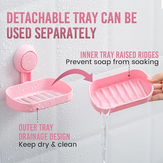TAILI Soap Dish Bar Holder Suction Cup,Soap Saver with Powerful Vacuum Suction,Sponge Holder for Shower,Bathroom,Tub and Kitchen Sink, Universal Shower Accessories,Drill-Free,Removable,Pink