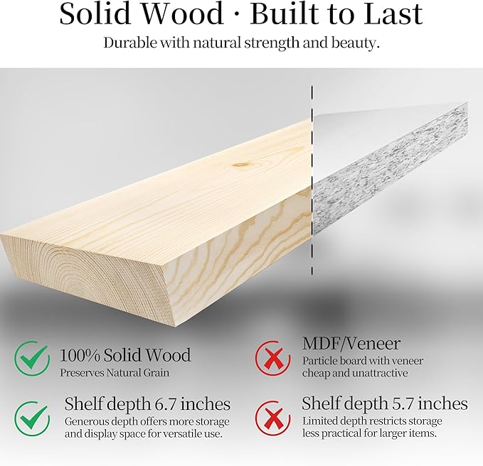 BGMG Wood Floating Shelves 24 inch, Wide Rustic Wooden Wall Shelves for Bathroom Living Room Bedroom Kitchen Farmhouse Set of 2-24x 6.7 x1.25 inch- DIY-Unfinished