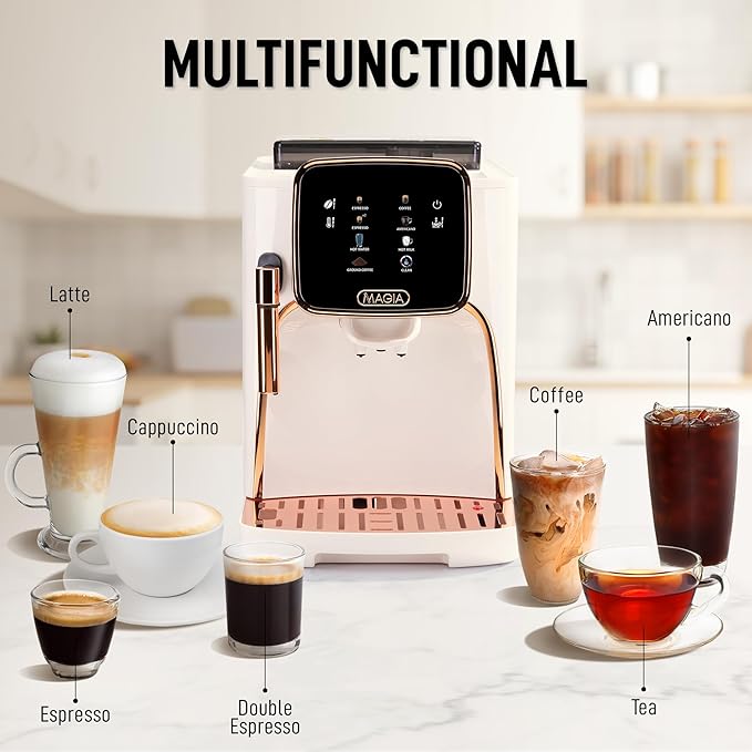 Zulay Kitchen Magia Clasica Automatic Espresso Machine with Built-In Grinder, Touch Panel Coffee Maker, Steam Wand Milk Frother, Adjustable Strength, Self-Cleaning, Cream & Copper