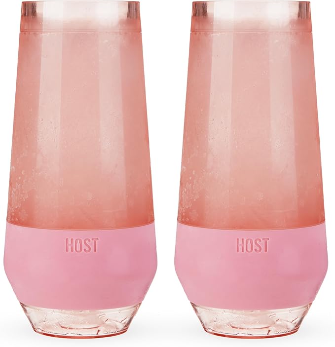 HOST Champagne Freeze Double-Walled Stemless Wine Glasses Freezer Cooling Cups with Active Cooling Gel and Insulated Silicone Grip, 9 Oz Plastic Tumblers, Blush Tint, Set of 2