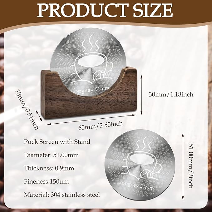51mm Espresso Puck Screen with Stand, 0.9mm 150μm Ultra Thin Reusable Coffee Filter Compatible with Breville Barista 51mm Portafilter Basket, 316 Stainless Steel Espresso Machine Accessories