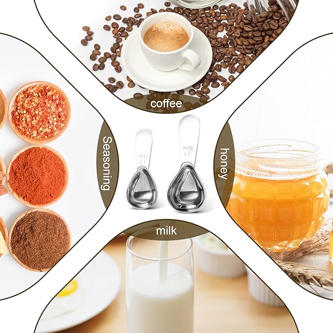 Stainless steel coffee scoop 2-piece set (1 tbsp, 2 tbsp) durable Tablespoon, ergonomic measuring spoon, Suitable for small and large jars，short-handled spoon (Silver)