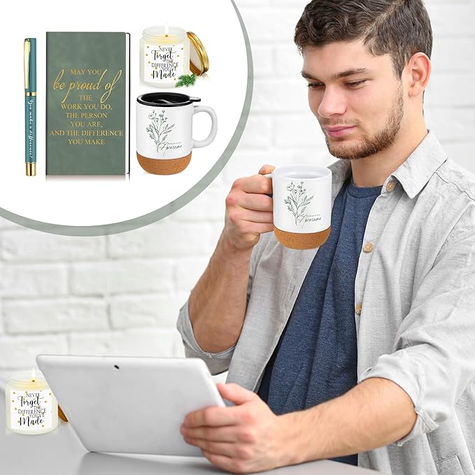 4 Pcs Thank You Gift Set for Men Women Employee Coworker Gifts Inspirational Appreciation Notebook Coffee Mug Scented Candle Pen for Valentine's Day Team Office Staff Teacher Volunteer Nurse