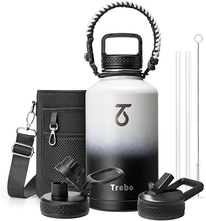 Trebo Water Bottle 64oz with Paracord Handle, Half Gallon Large Vacuum Double Wall Stainless Steel Insulated Water Jug with Holder Strap Straw Spout Lids, Leakproof Keep Cold & Hot,Black and white