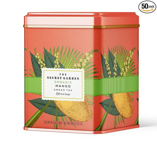 Life Plus Style Gourmet Secret Garden Organic Mango Green Tea Naturally Caffeinated Sugar-Free Non-GMO USDA Certified Premium Tea Tropical Fruit 50 Tea Bags Gift Tin