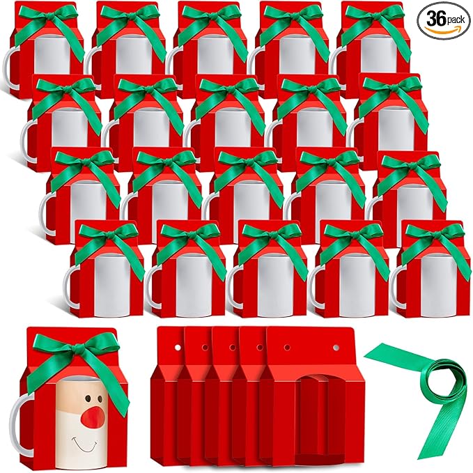 Kosiz 36 Pcs Mug Boxes Sublimation Coffee Mugs Gift Bags with Window Packaging Storage Box for Shipping Selling Wedding Valentines Gift Packaging Wrapping (for 11oz Mug,Red,Green)
