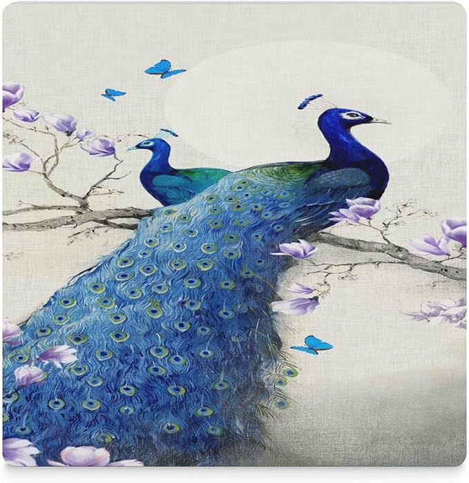 Square-6PCS Peacock Drink Coasters, Square Modern Ceramic Absorbent Coasters, Vintage Style Beautiful Blue Peacock Floral Decor Desk Coffee Table Coaster for Beverage Cup Tea Coasters