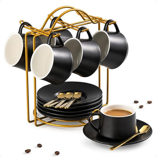 YHOSSEUN Ceramic Espresso Cups Set of 6, 4 Oz Expresso Shots Cup with Stand, Saucers & Spoons, Small Coffee Espresso Cup Demitasse Cups, Black