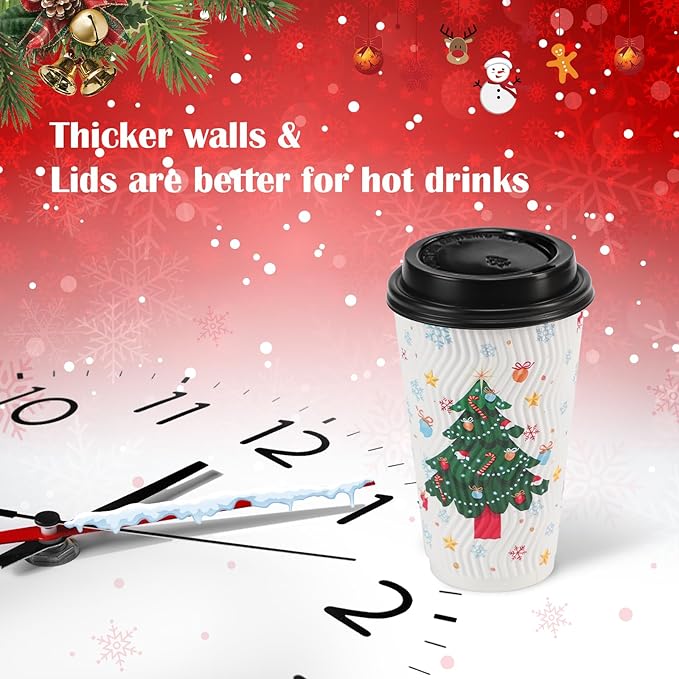 BYSNOW 100 Count Christmas Paper Cups, Xmas 16 oz DisposableCoffee Cups Snowflake Santa Snowman Elk Christmas(16oz 100Count)