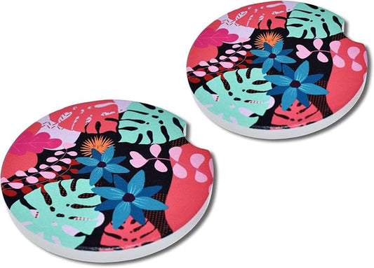 Elektroplate Tropical Floral Automotive Ceramic Coasters (2.6" Diameter) | Universal Fit for All Cars, Trucks, SUVs, and More | Absorbent Non-Slip Durable | Set of 2