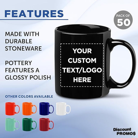 Custom Ceramic Coffee Mugs 11 oz. Set of 50, Personalized Bulk Pack - Coffee cup set, Iced coffee cup, Gaming mug - Black