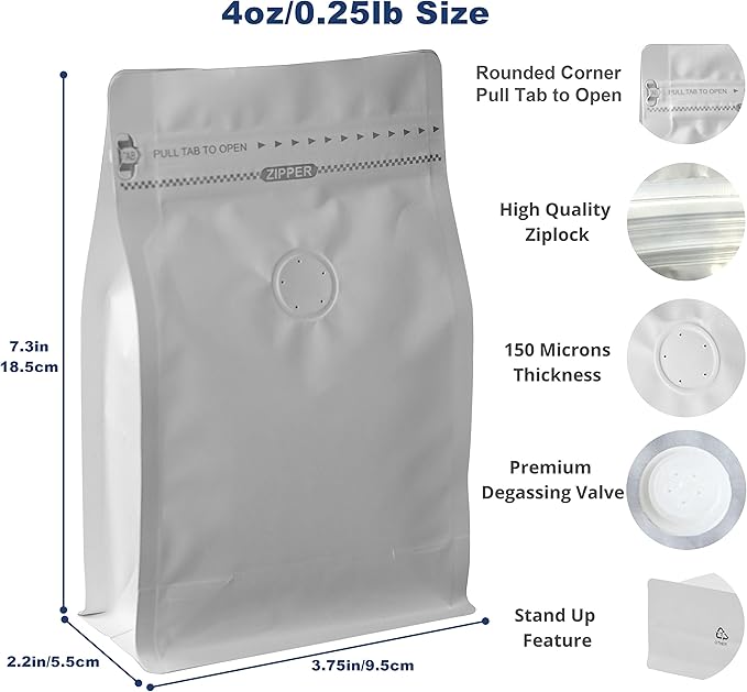 100 Count 4 Ounce White Kraft Paper Coffee Bags - High Barrier Aluminium Foil Liner - Flat Bottom Coffee Pouches with Degassing Valve, Food Storage Bags with Rsealable Zipper & Easy Open Tape (100pcs, 4oz/0.25lb)