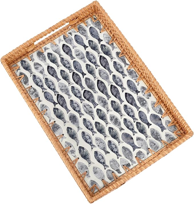 Rectangle Rattan Tray with Mother of Pearl Inlay, Rattan Serving Tray with Handle for Coffee, Bread, Fruits, Snacks, Decorative Wicker Tray for Table Decor (Rectangle Dark Blue Fish, 13"×9")