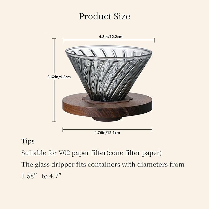 Glass Pour Over Coffee Dripper with Walnut Base, V60 Style Manual Drip Coffee Maker, 1–4 Cups Coffee Brewer for Home or Office