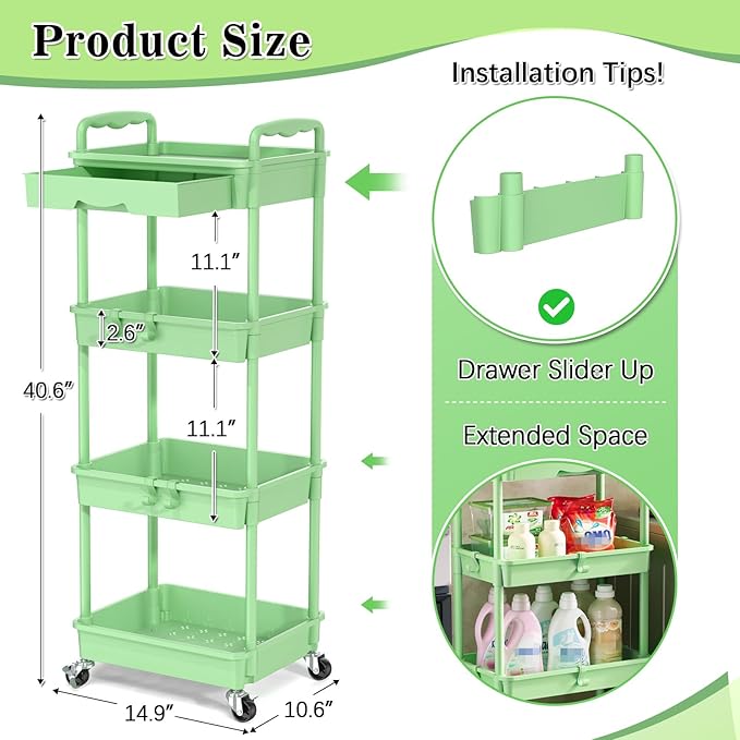 4 Tier Rolling Utility Cart with Drawer, Storage Organizer Cart with 2 Lockable Wheels, Multifunctional Rolling Storage Cart for Bathroom, Kitchen, Craft, Makeup, Baby Essentials, Green